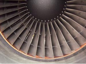 Viva Macau Boeing 767 engine with numbered N1 fan blades