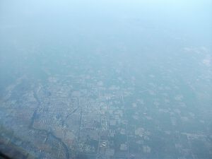 Small Chinese city in hazy conditions