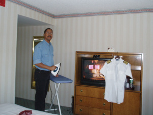 The webmaster, ironing at KDFW hotel.l