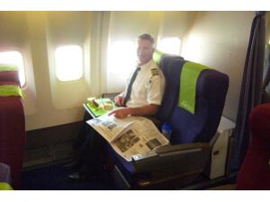 Viva Macau Boeing 767 pilot having a crew meal