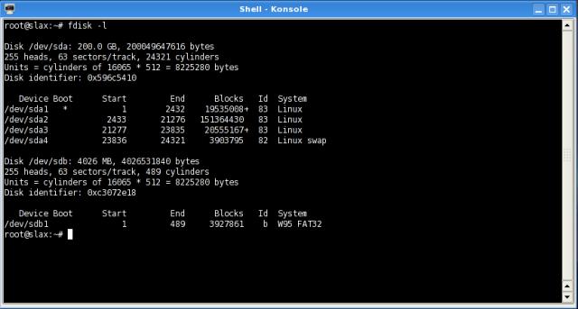 fdisk output listing drives and partitions