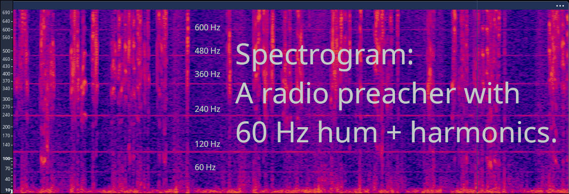 a horizontal spectrogram of a radio broadcast containing hum from the AC power mains