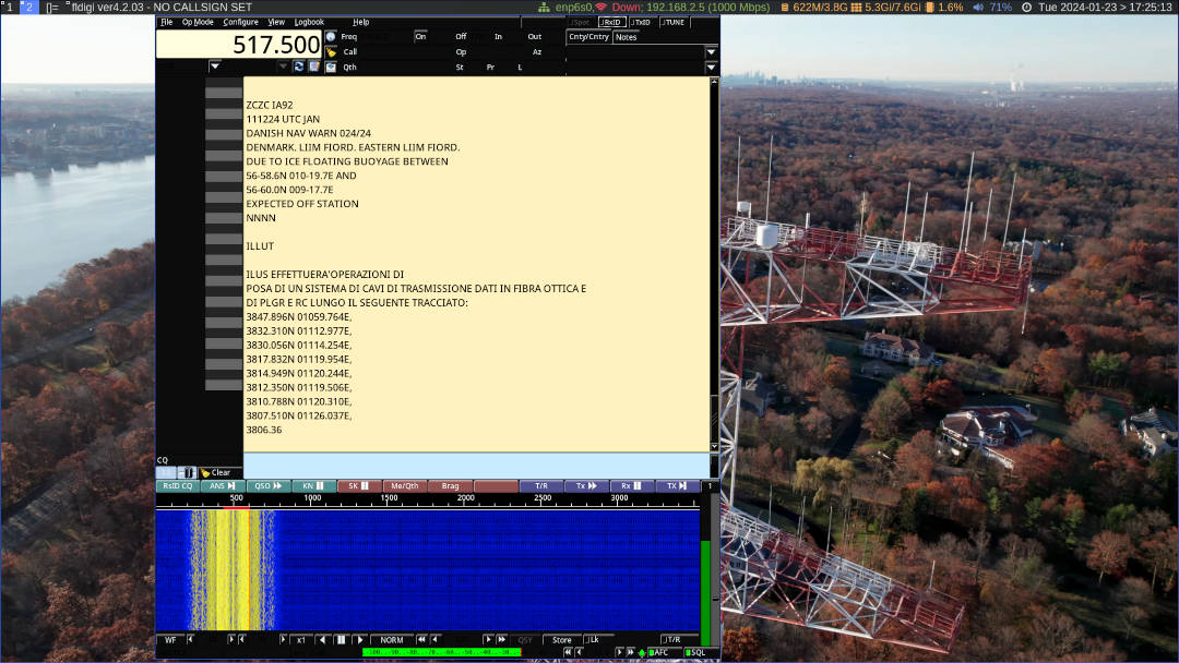 Skywave Linux version 5 has Fldigi. Here is some NAVTEX coming in on a
distant SDR.