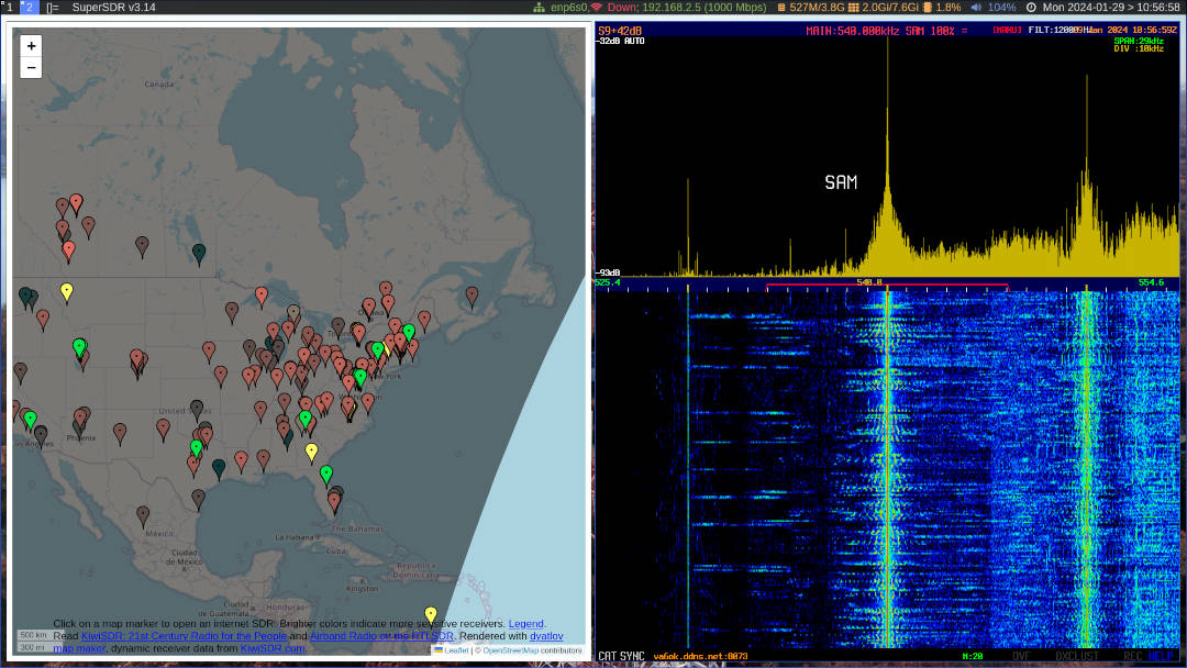 The SDR Map in Skywave Linux version 5 and a KiwiSDR client in
operation.
