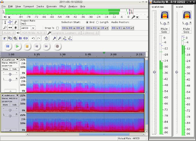 Audacity audio mixer showing levels of raw and processed audio.