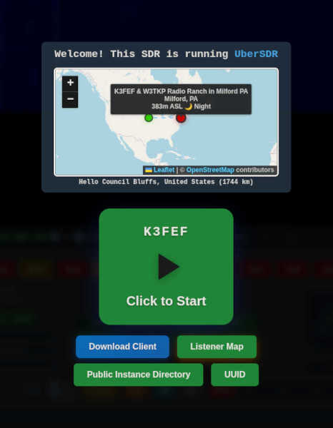 The ubersdr greeter screen gives information and requires action to access
     the SDR interface.