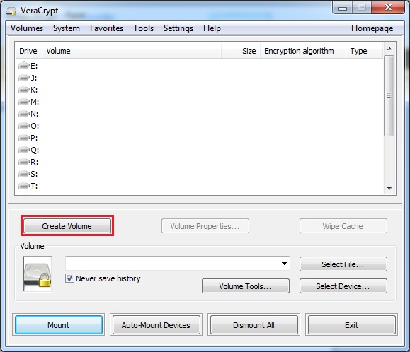 Veracrypt create volume button