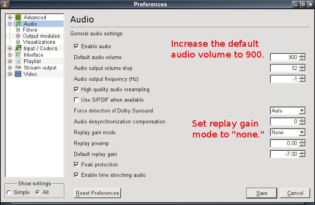 VLC audio setting for dynamic amplitude compression - volume and replay gain