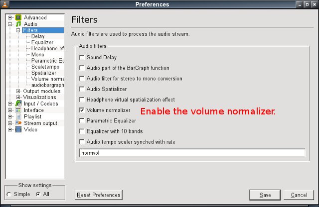 VLC audio setting for dynamic amplitude compression - volume normalizer