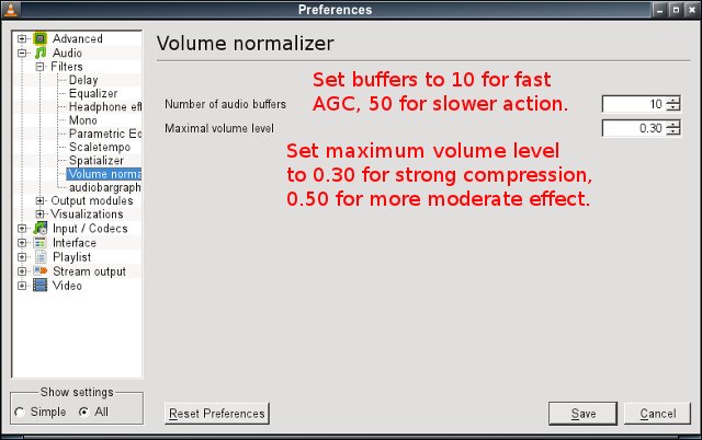 VLC audio setting for dynamic amplitude compression - buffers and volume level