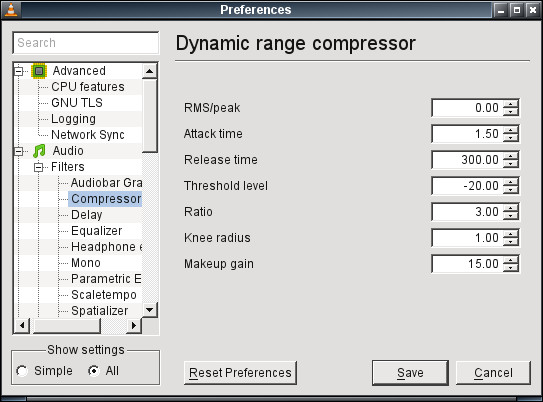 VLC audio setting for dynamic amplitude compression - volume and replay gain